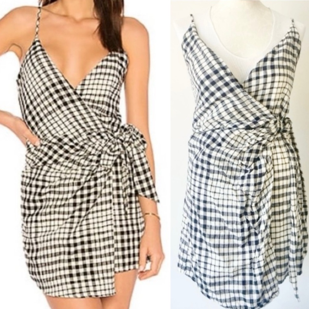 FREE PEOPLE Nodia Check Wrap Mini Dress Black Gingham Plaid Size 2